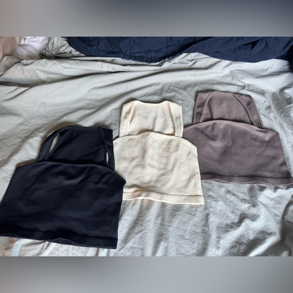 Set of Three Ribbed Crop Tops in Black, Cream, and Brown